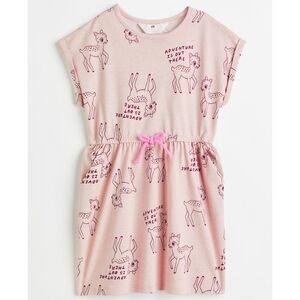 H&M Girls Baby Deer Pink Cotton Jersey Dress with Bow Size 5t NEW